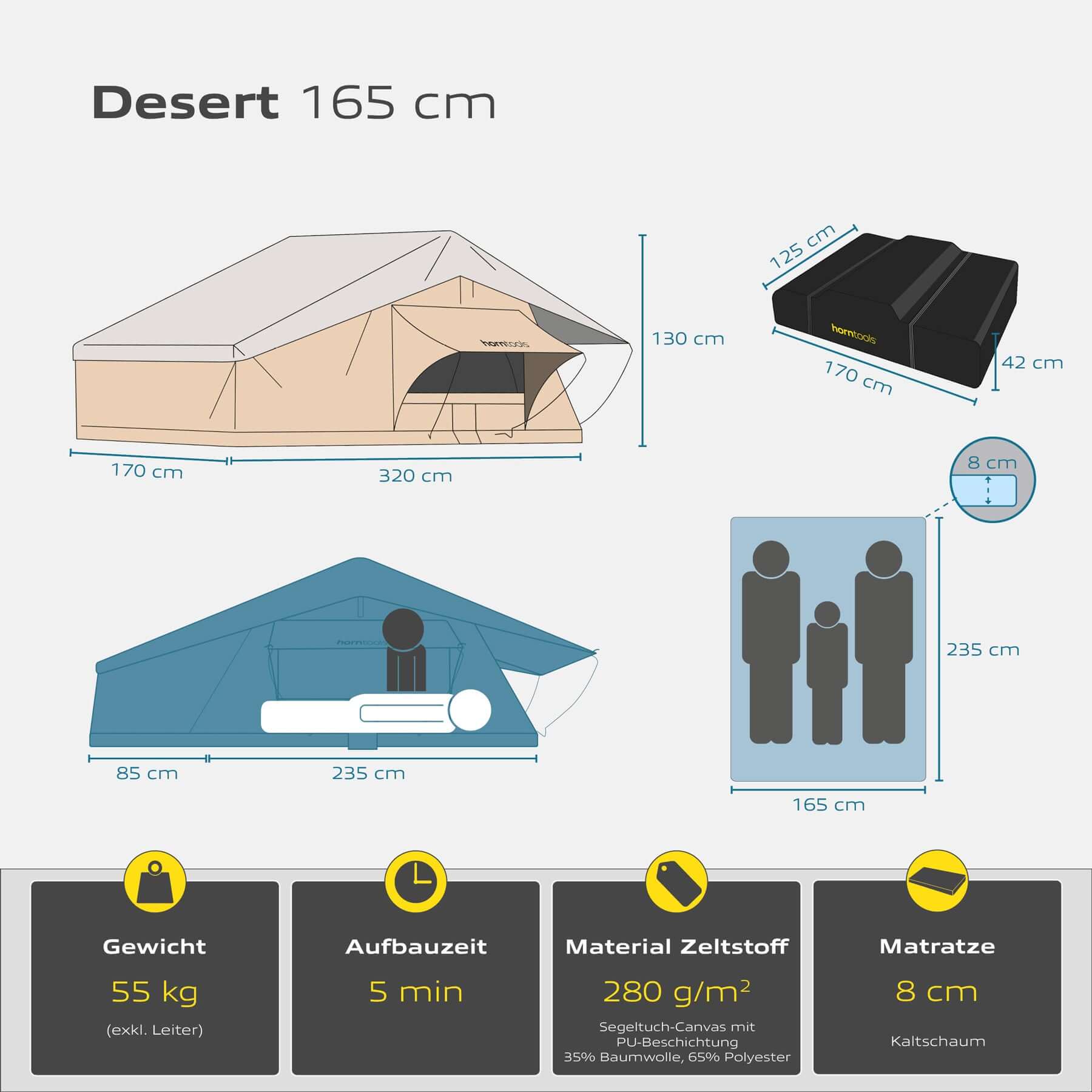 Dachzelt Desert für 3 Personen - 165 cm